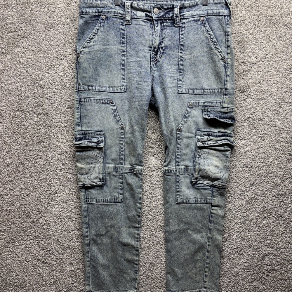True Religion Ricky Carpenter Cargo Jeans Men's Size 38x33 Acid Wash Flap Pocket